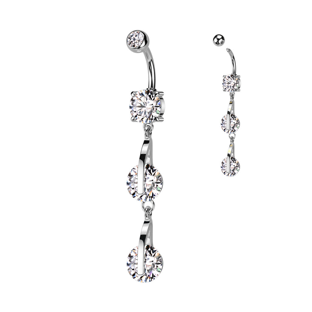 Cherry Diva belly bar 14 Gauge Double Dangling Crystal Belly Bar - Silver