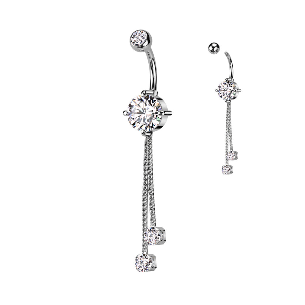 14 Gauge Double Dangling Crystal Rope Belly Bar - Silver