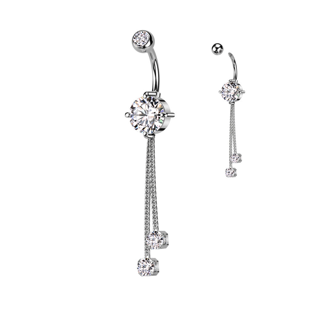 Cherry Diva belly bar 14 Gauge Double Dangling Crystal Rope Belly Bar - Silver