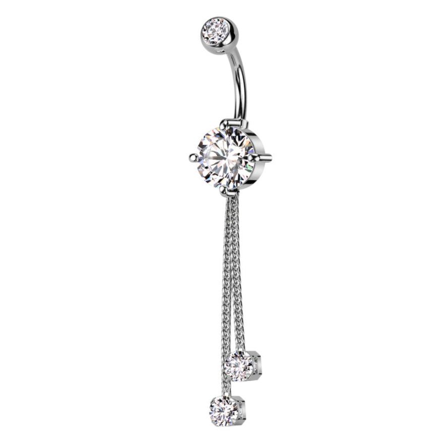 Cherry Diva belly bar 14 Gauge Double Dangling Crystal Rope Belly Bar - Silver