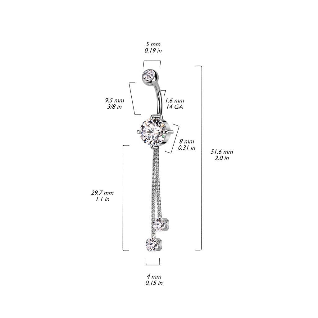 14 Gauge Double Dangling Crystal Rope Belly Bar - Size Guide