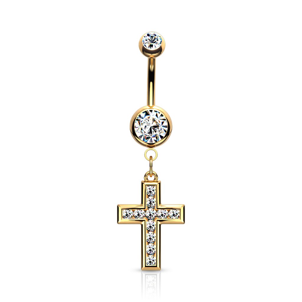 Cherry Diva belly bar Gold 14 Gauge Crystal Cross Belly Button Bar