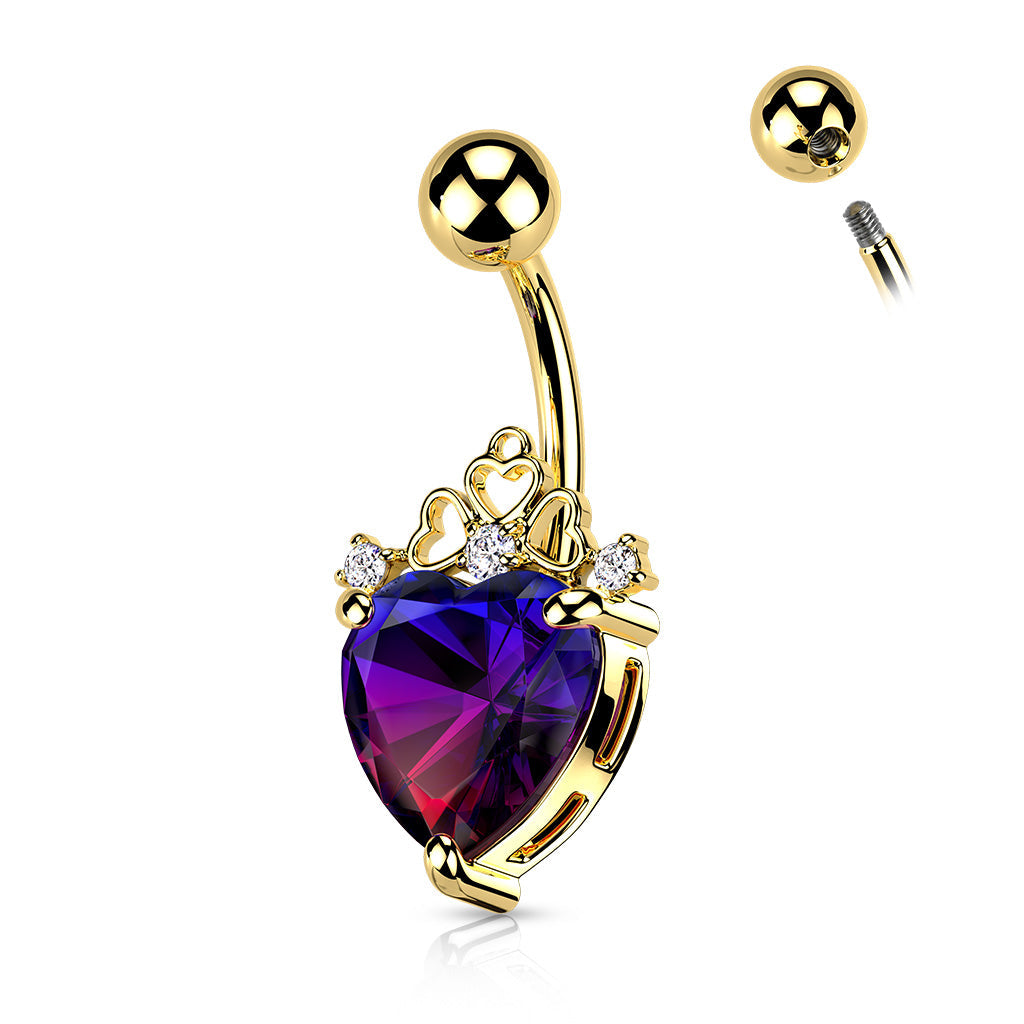 Cherry Diva belly bar GOLD 14 Gauge Filigree Crystal Heart Belly Button Bar