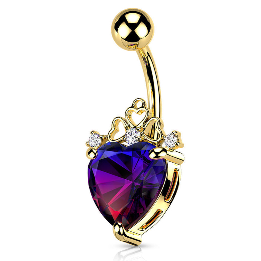 Cherry Diva belly bar GOLD 14 Gauge Filigree Crystal Heart Belly Button Bar