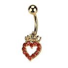 Cherry Diva belly bar Gold / Red Crystal 14 Gauge Hollow Crystal Heart Belly Button Bar