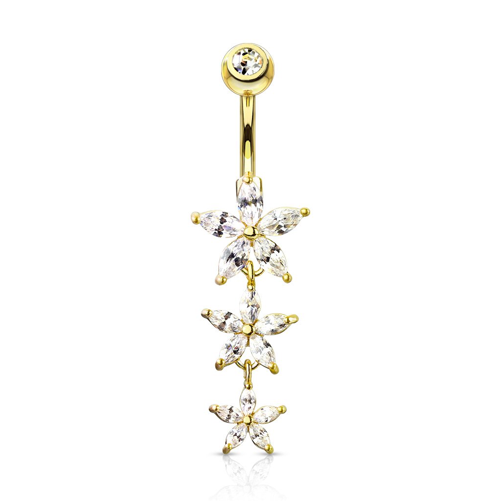 Cherry Diva belly bar Gold 14 Gauge Triple Dangling Flower Belly Button Ring