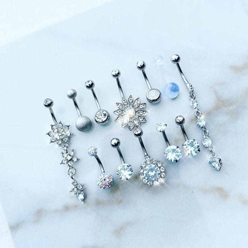 Limited Edition 12 Pack Silver Crystal Belly Button Ring Set