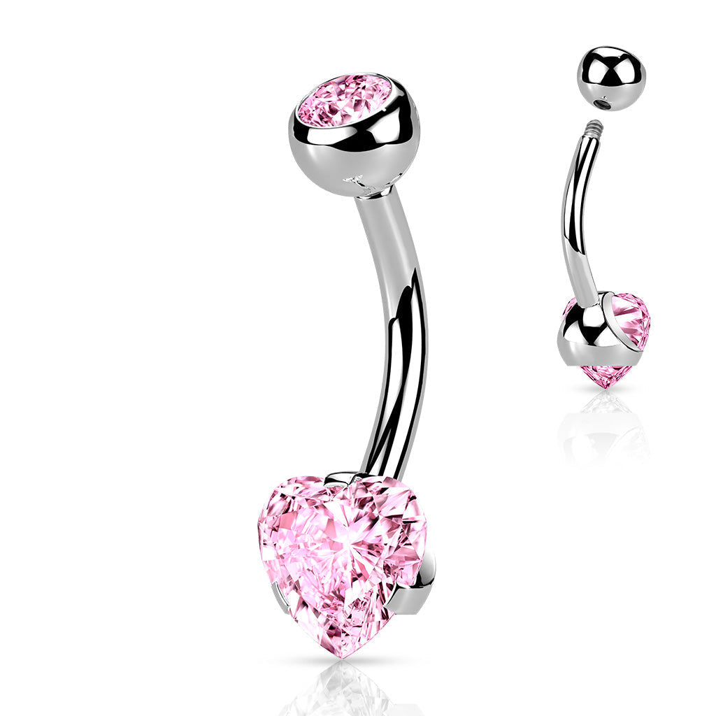 Cherry Diva belly bar Pink 14 Gauge Prong Set Crystal Heart Belly Bar