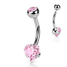 Cherry Diva belly bar Pink 14 Gauge Prong Set Crystal Heart Belly Bar