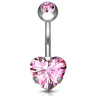 Cherry Diva belly bar Pink 14 Gauge Prong Set Crystal Heart Titanium Belly Bar