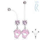 Cherry Diva belly bar PINK 14 Gauge Tiny Foot Prints - Maternity Pregnancy Belly Bar