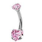Cherry Diva belly bar Pink 14 Gauge Titanium Double Crystal Heart Belly Button Bar