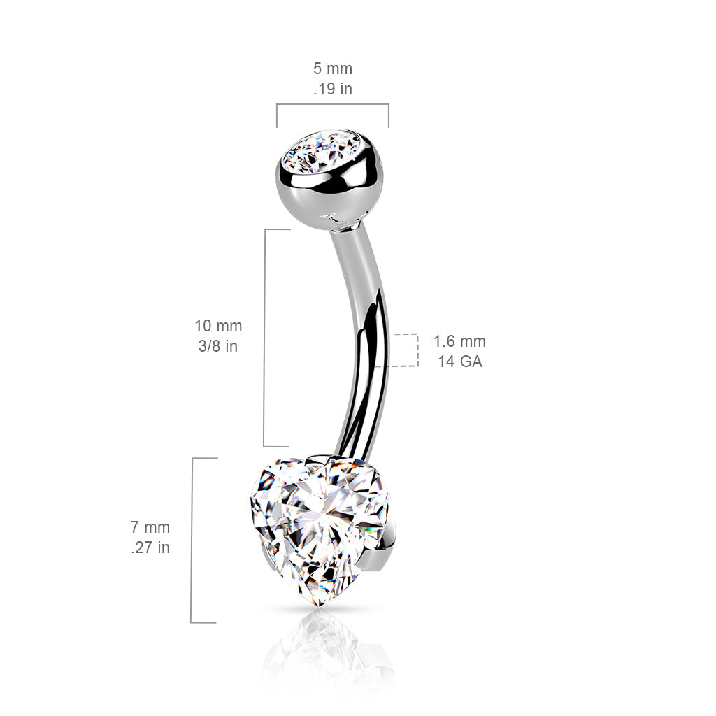 Cherry Diva belly bar 14 Gauge Prong Set Crystal Heart Belly Bar