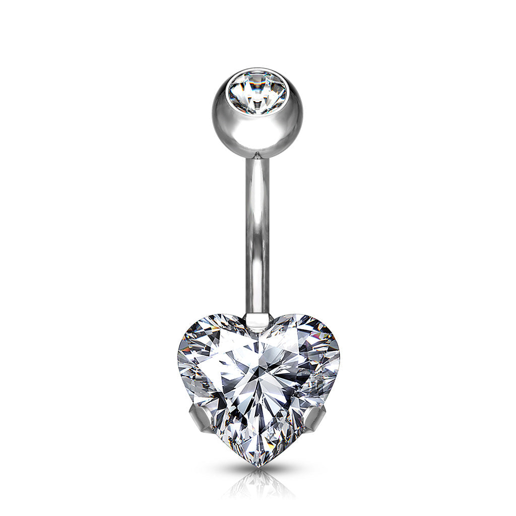 Cherry Diva belly bar Clear 14 Gauge Prong Set Crystal Heart Titanium Belly Bar