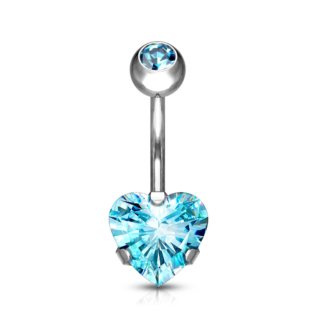 Cherry Diva belly bar Aqua 14 Gauge Prong Set Crystal Heart Titanium Belly Bar