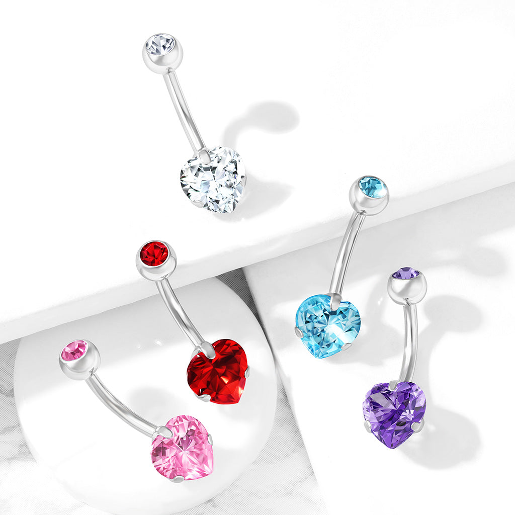 Prong Set Crystal Heart Titanium Belly Button Ring