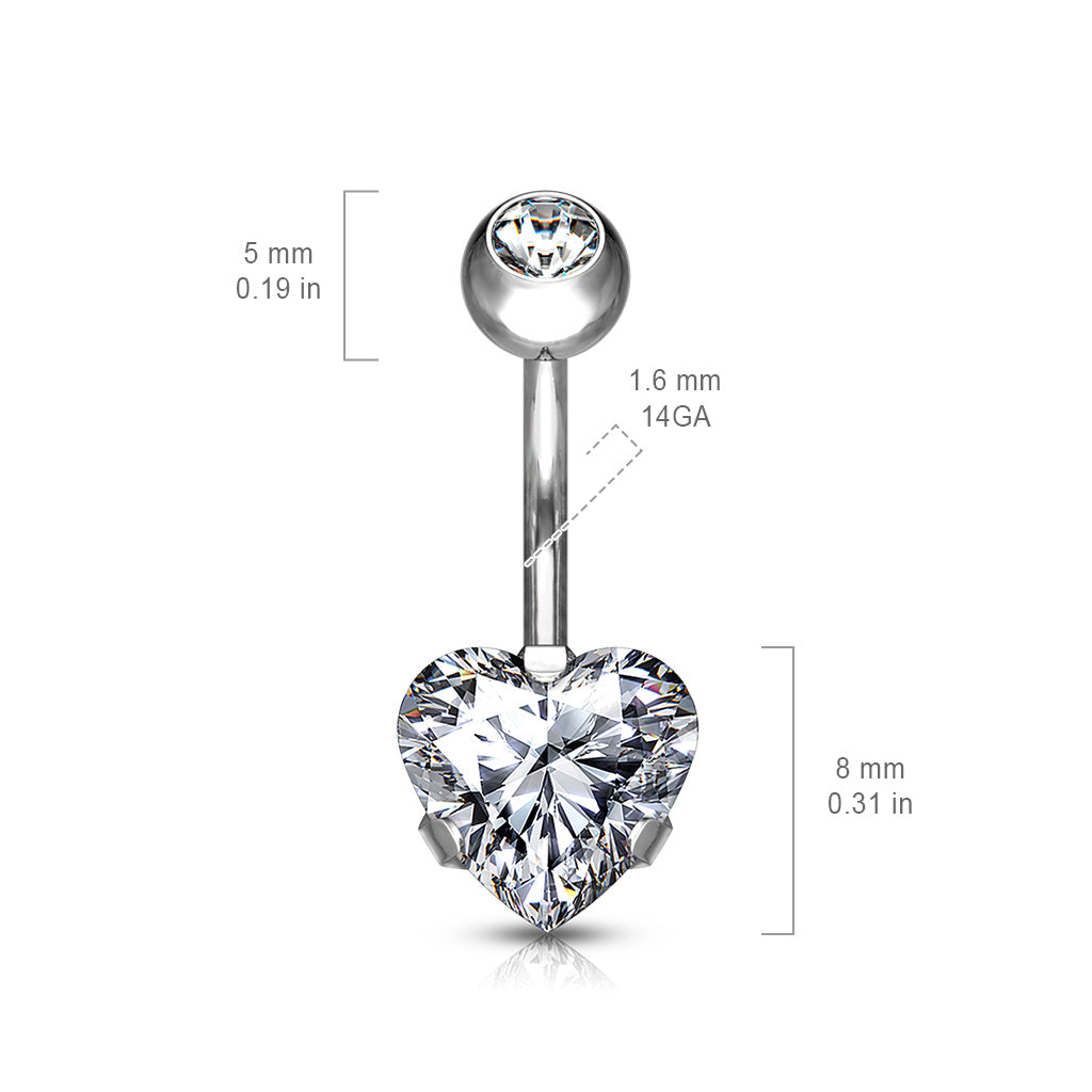 Prong Set Crystal Heart Titanium Belly Button Ring