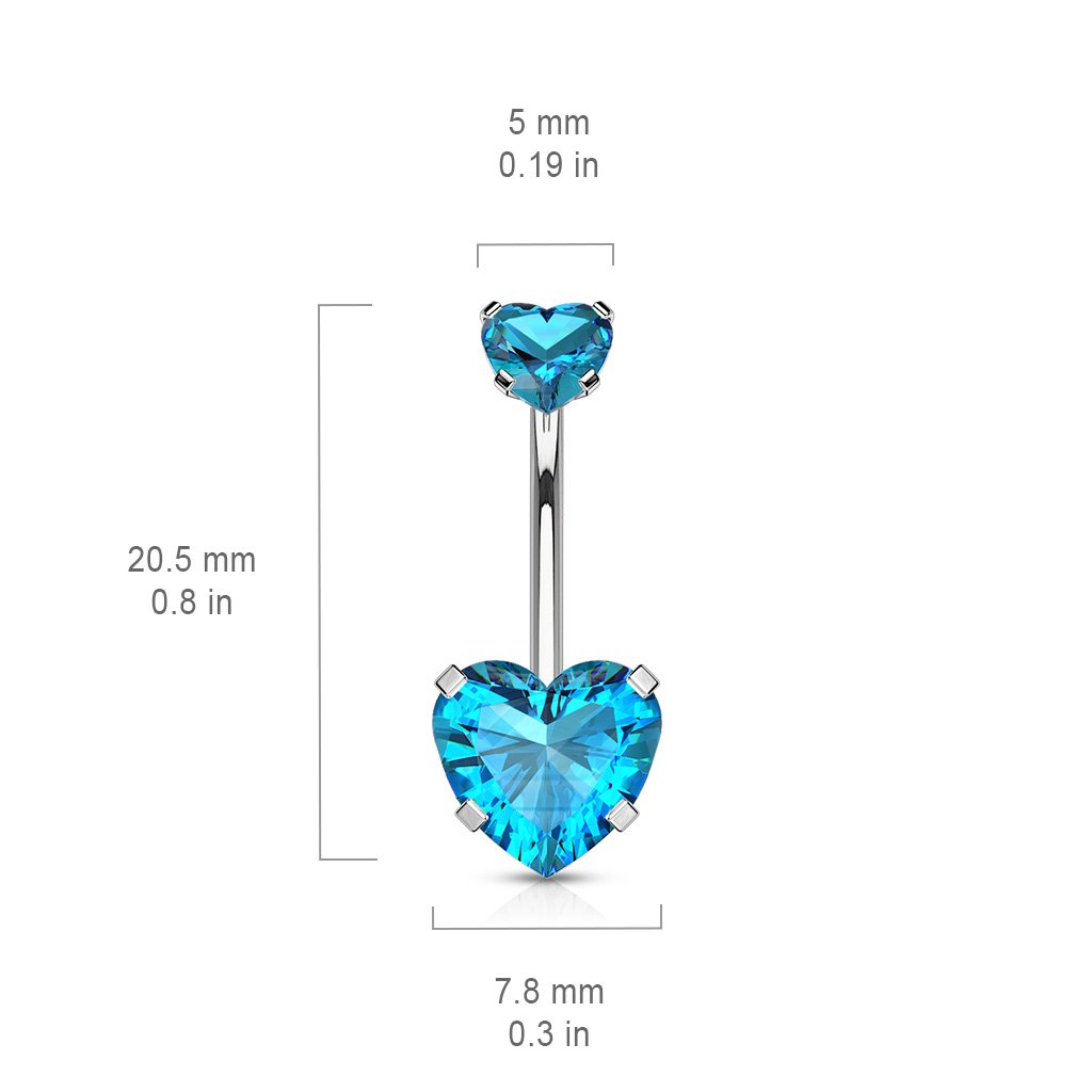 14 Gauge Internally Threaded Crystal Heart Belly Bar Size Guide