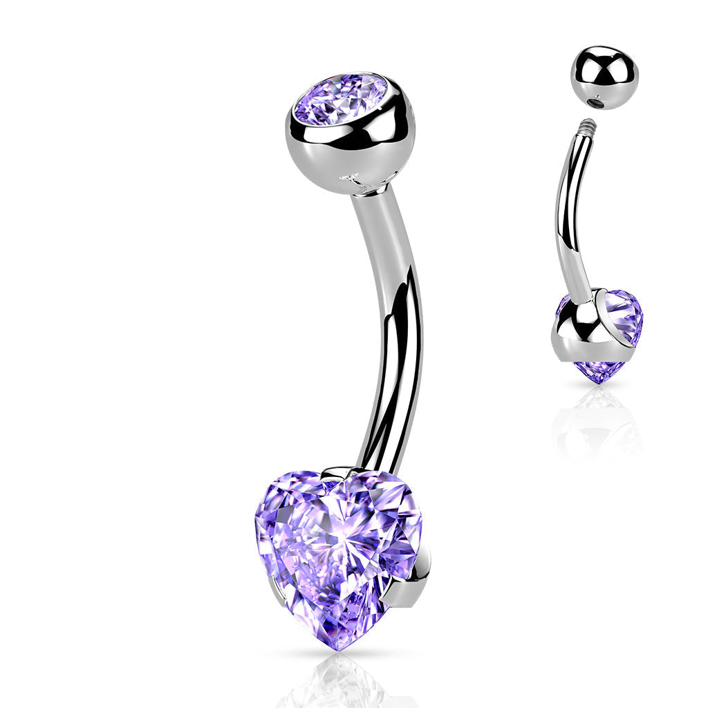 Cherry Diva belly bar Purple 14 Gauge Prong Set Crystal Heart Belly Bar