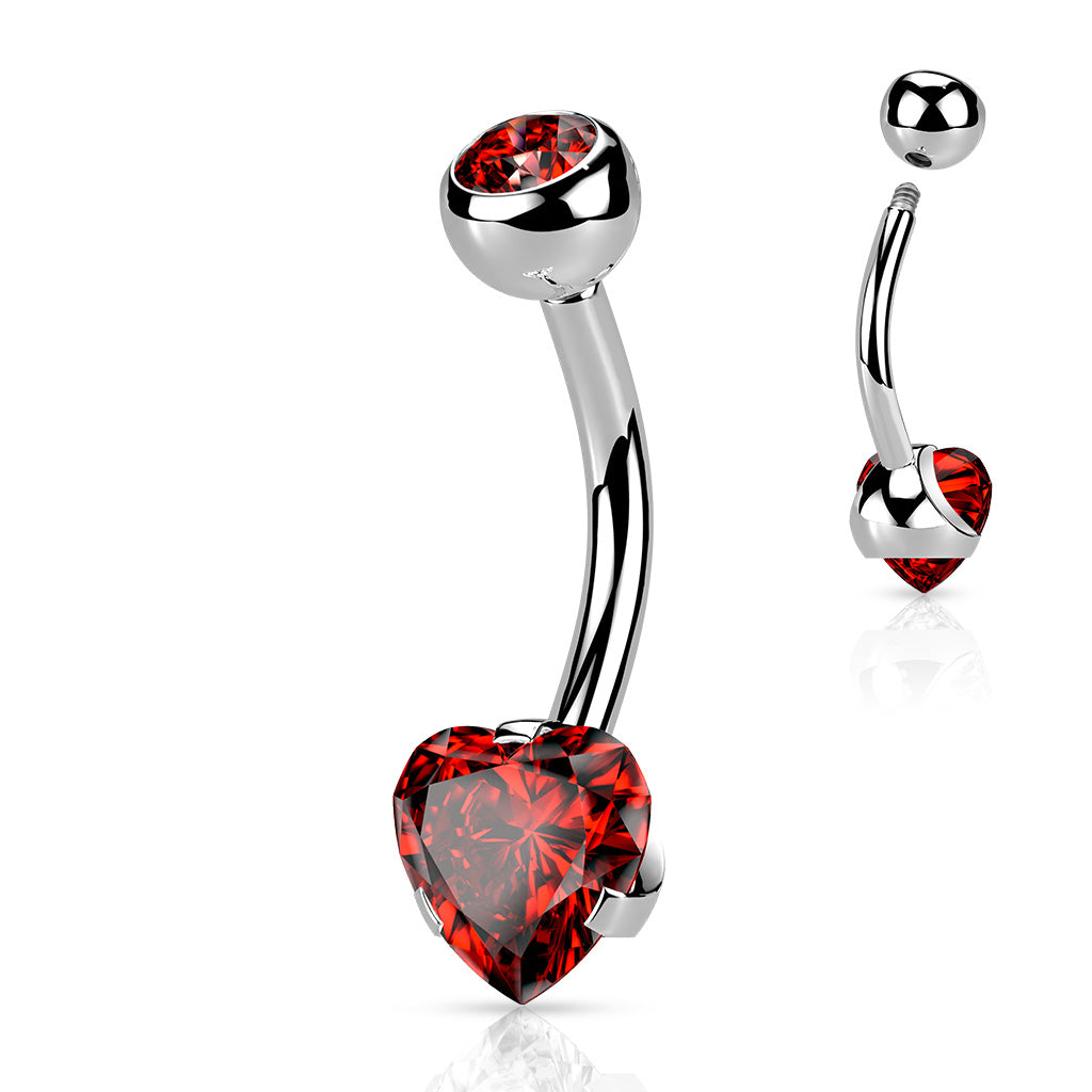 Cherry Diva belly bar Red 14 Gauge Prong Set Crystal Heart Belly Bar