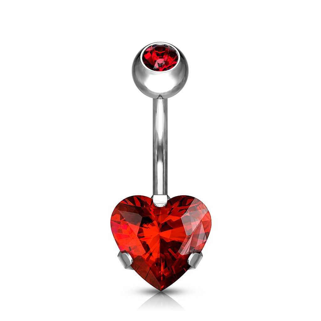 Cherry Diva belly bar Red 14 Gauge Prong Set Crystal Heart Titanium Belly Bar