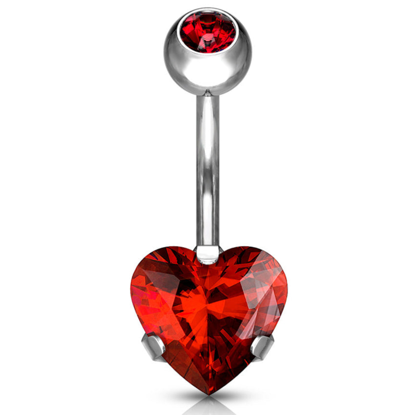 Cherry Diva belly bar Red 14 Gauge Prong Set Crystal Heart Titanium Belly Bar