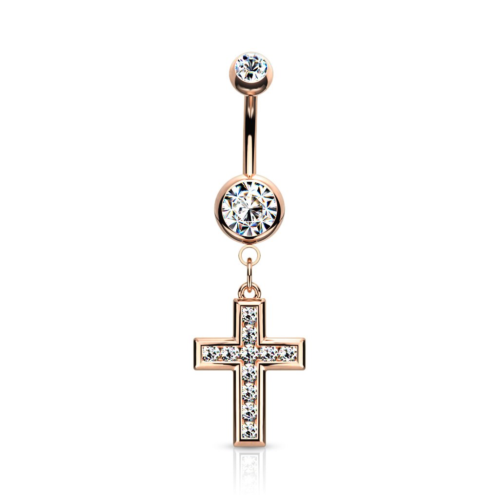 Cherry Diva belly bar Rose Gold 14 Gauge Crystal Cross Belly Button Bar