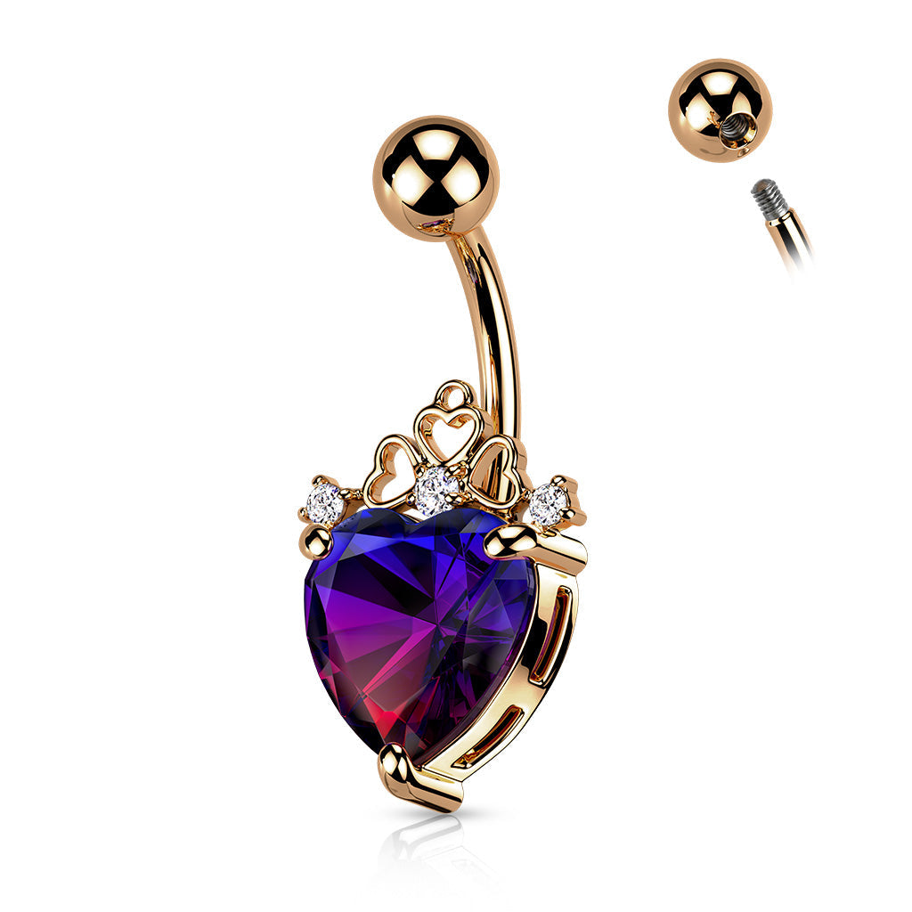 Cherry Diva belly bar ROSE GOLD 14 Gauge Filigree Crystal Heart Belly Button Bar