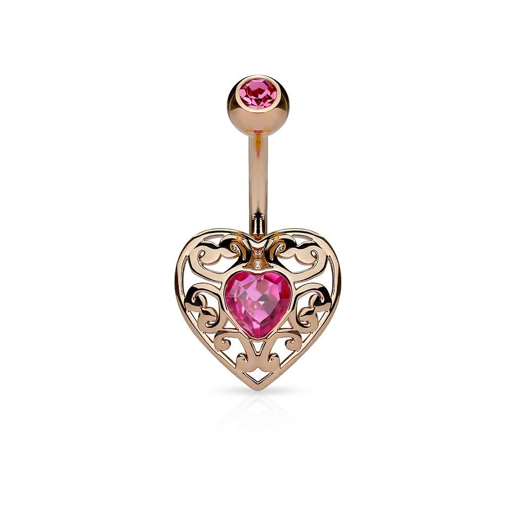 14 Gauge Pink Crystal Rose Gold Filigree Heart Belly Bar