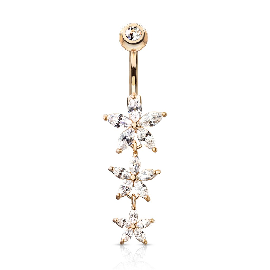 Cherry Diva belly bar Rose Gold 14 Gauge Triple Dangling Flower Belly Button Ring
