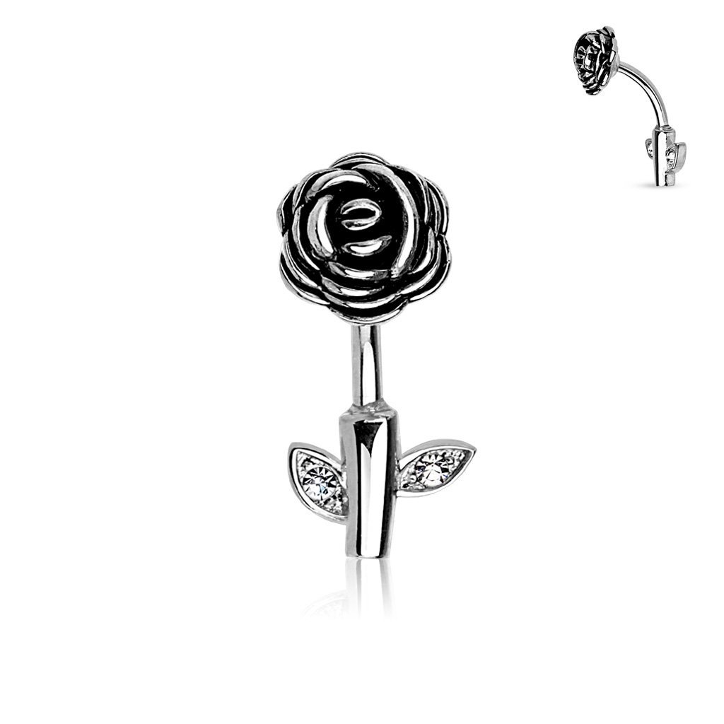 Cherry Diva belly bar 14 Gauge Rose Stem Belly Bar - Silver