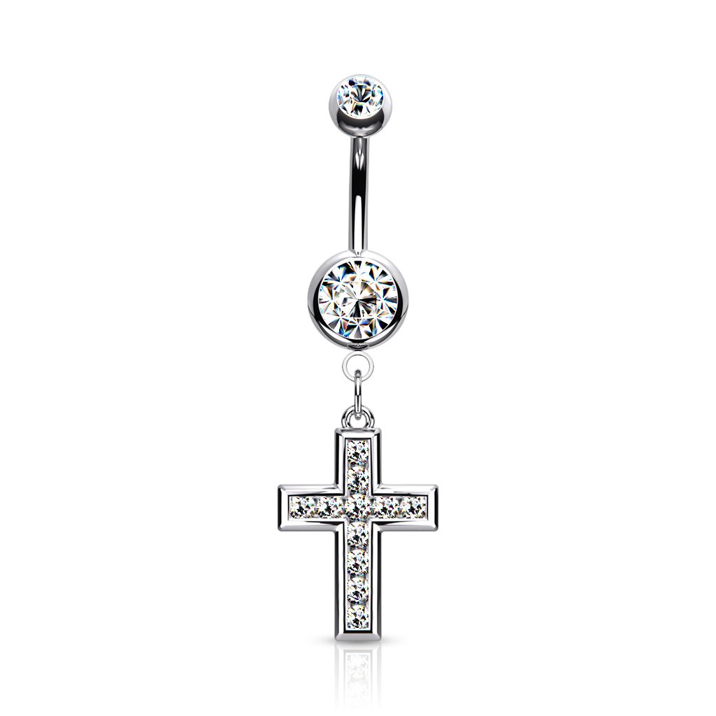 Cherry Diva belly bar Silver 14 Gauge Crystal Cross Belly Button Bar