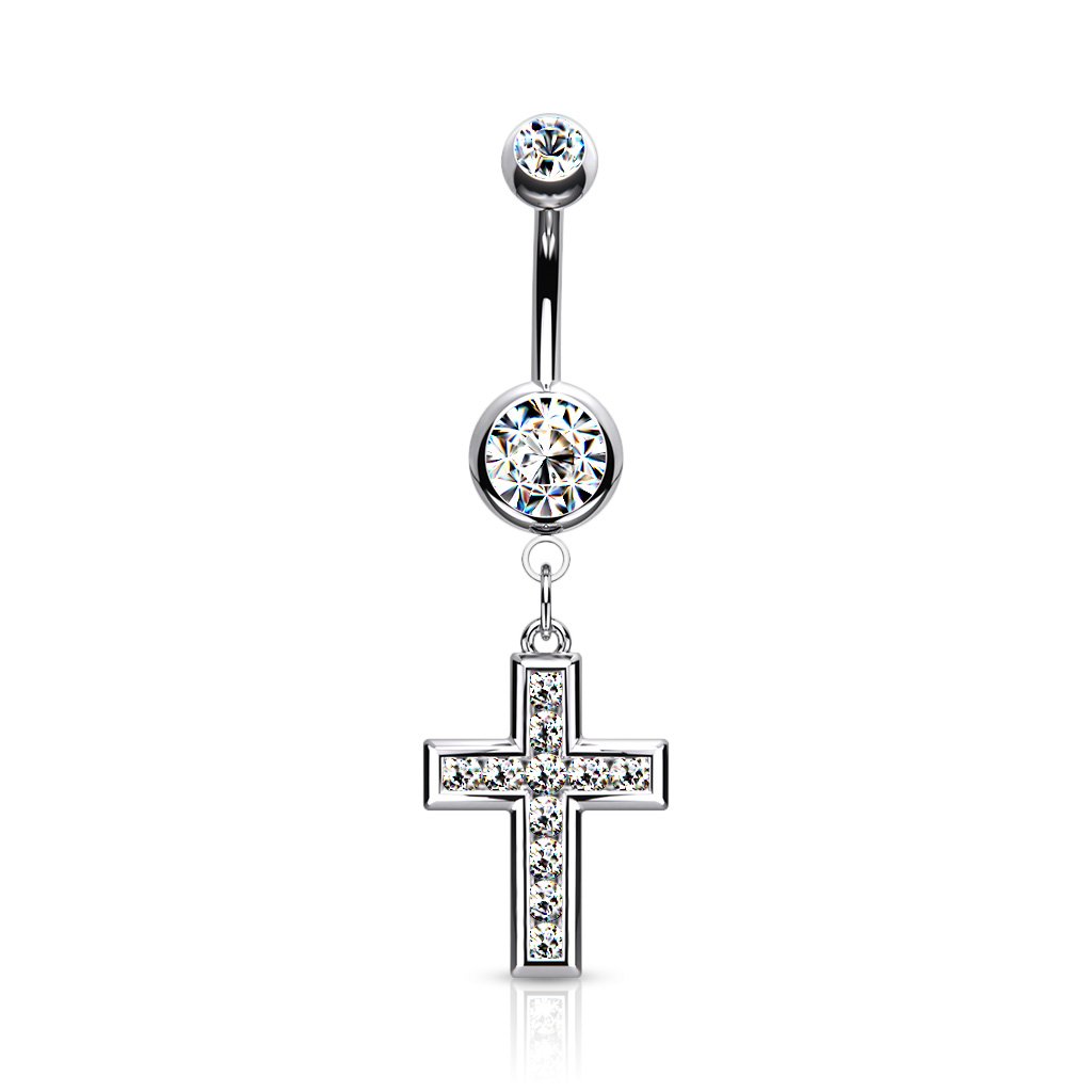 14 Gauge Crystal Cross Belly Button Bar