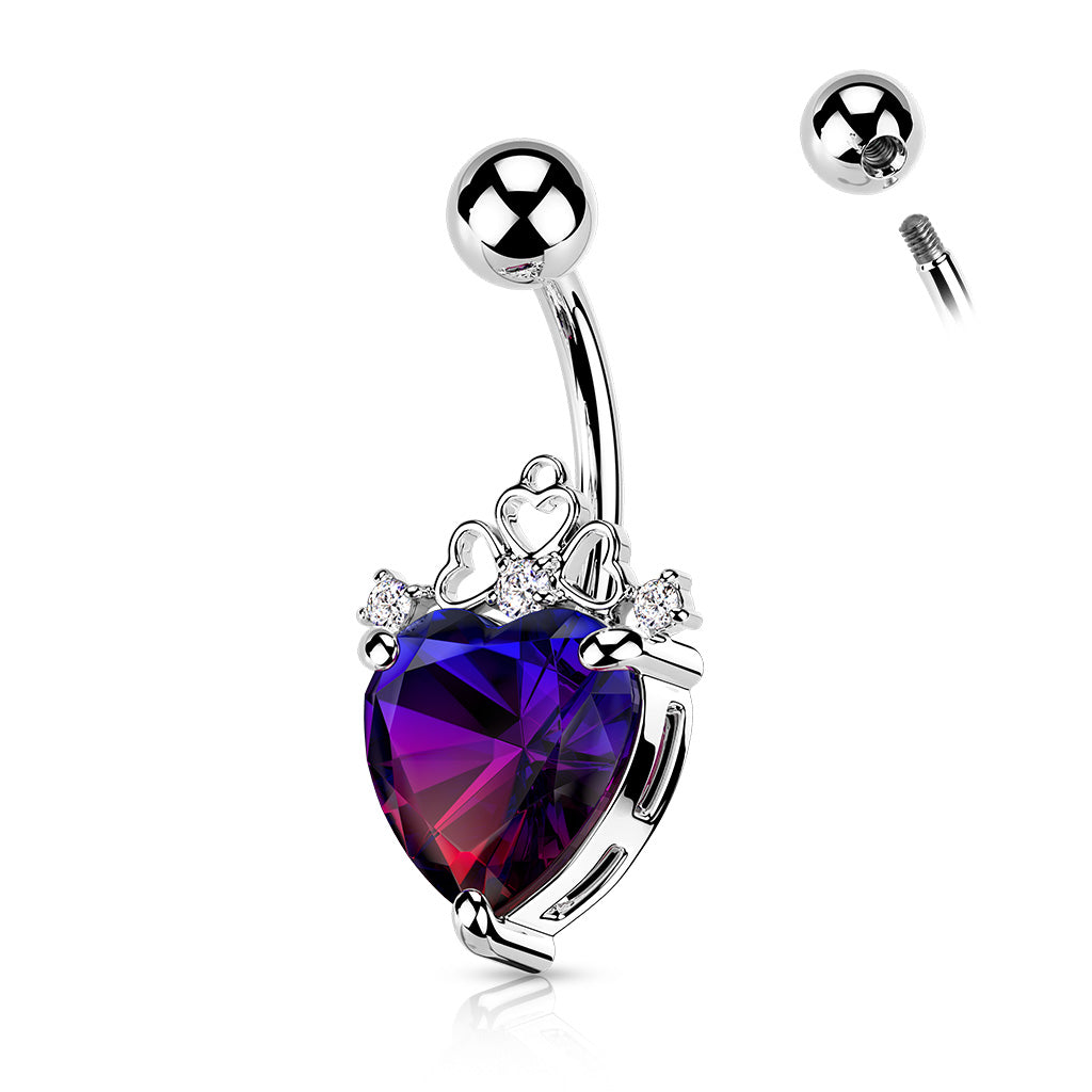 Cherry Diva belly bar SILVER 14 Gauge Filigree Crystal Heart Belly Button Bar