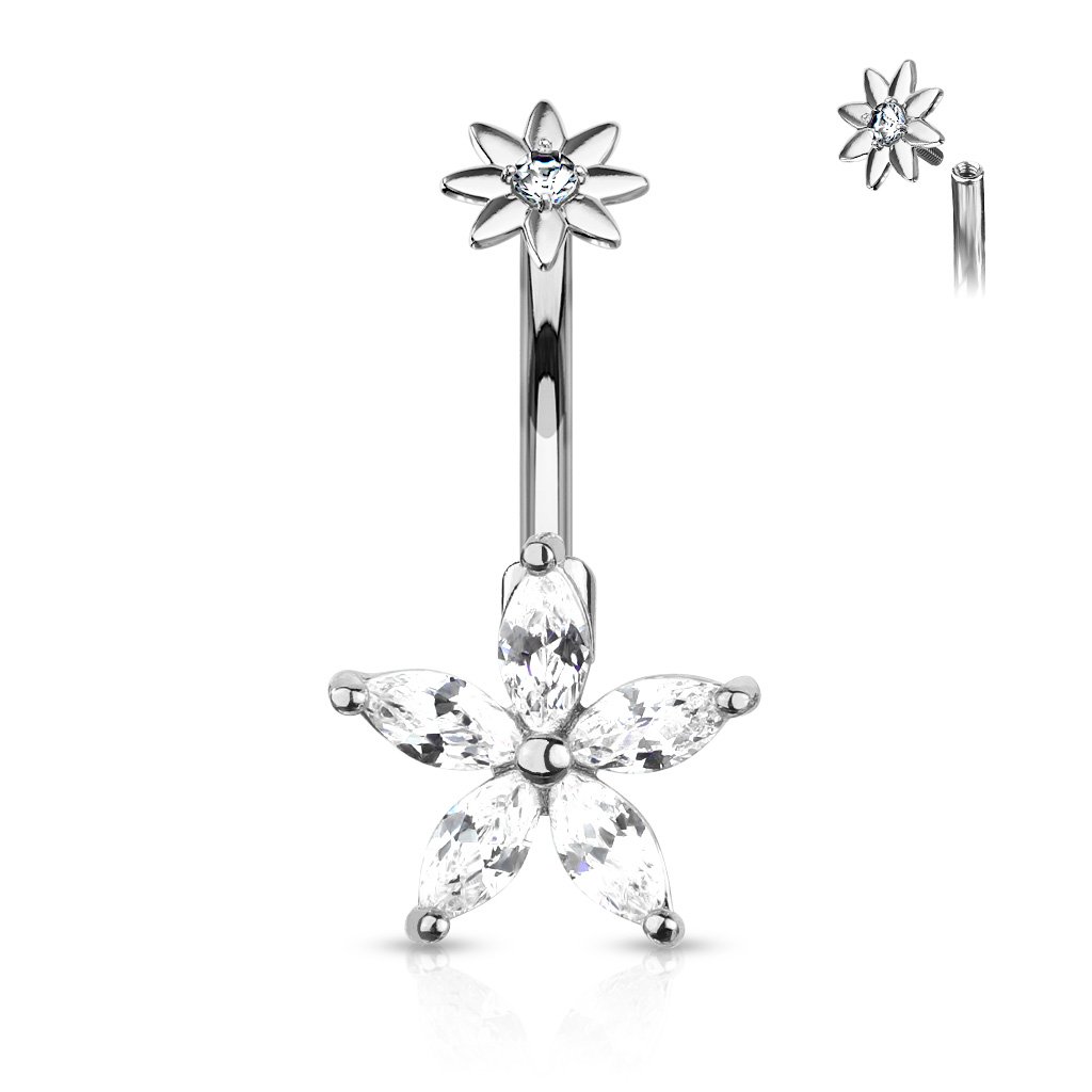 14 Gauge Silver Marquise Flower Crystal Belly Bar