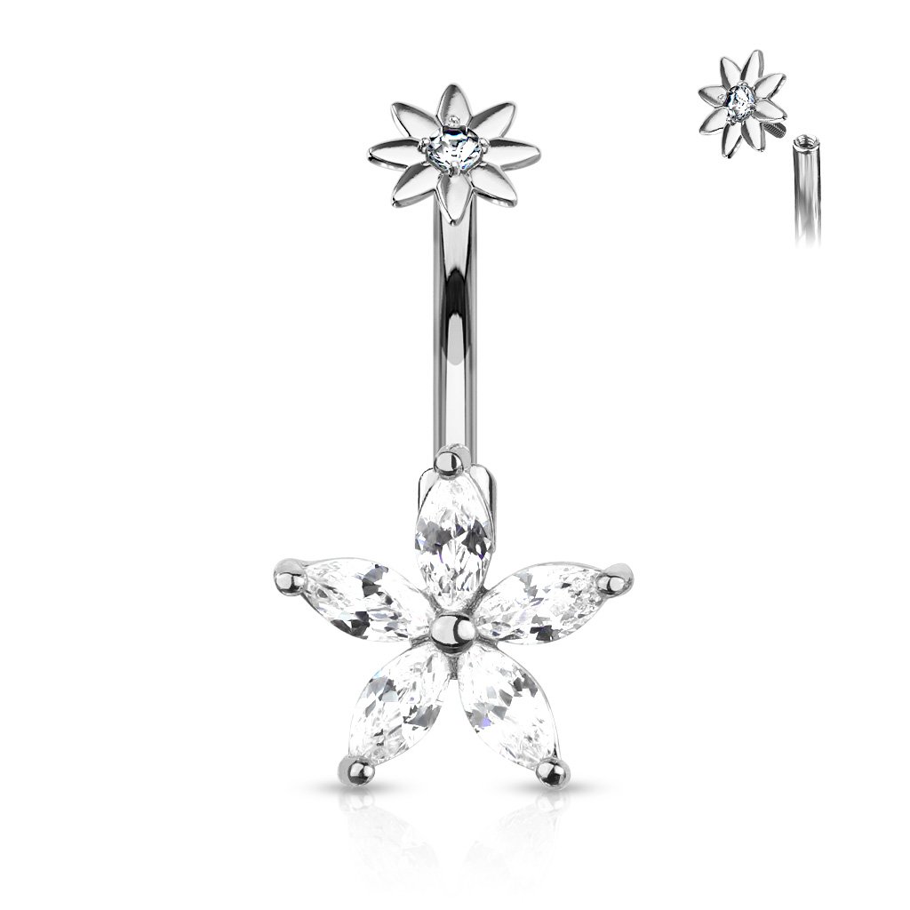 Cherry Diva belly bar 14 Gauge Silver Marquise Flower Crystal Belly Bar