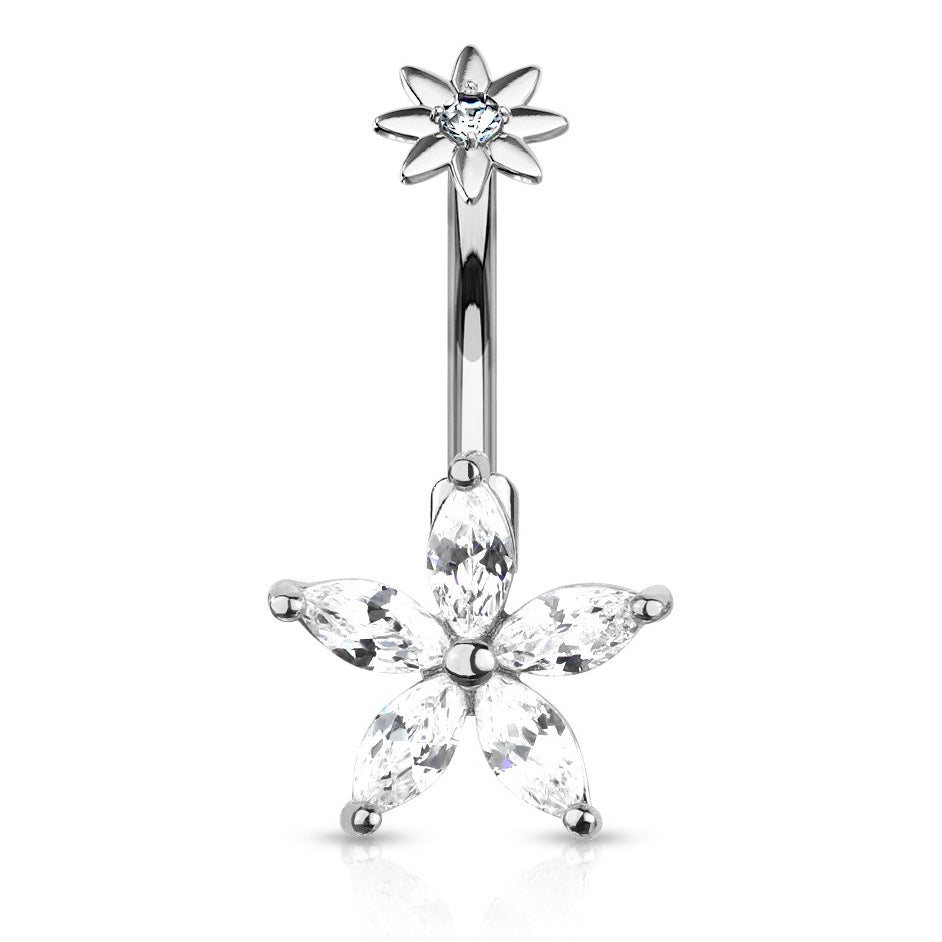 Cherry Diva belly bar 14 Gauge Silver Marquise Flower Crystal Belly Bar