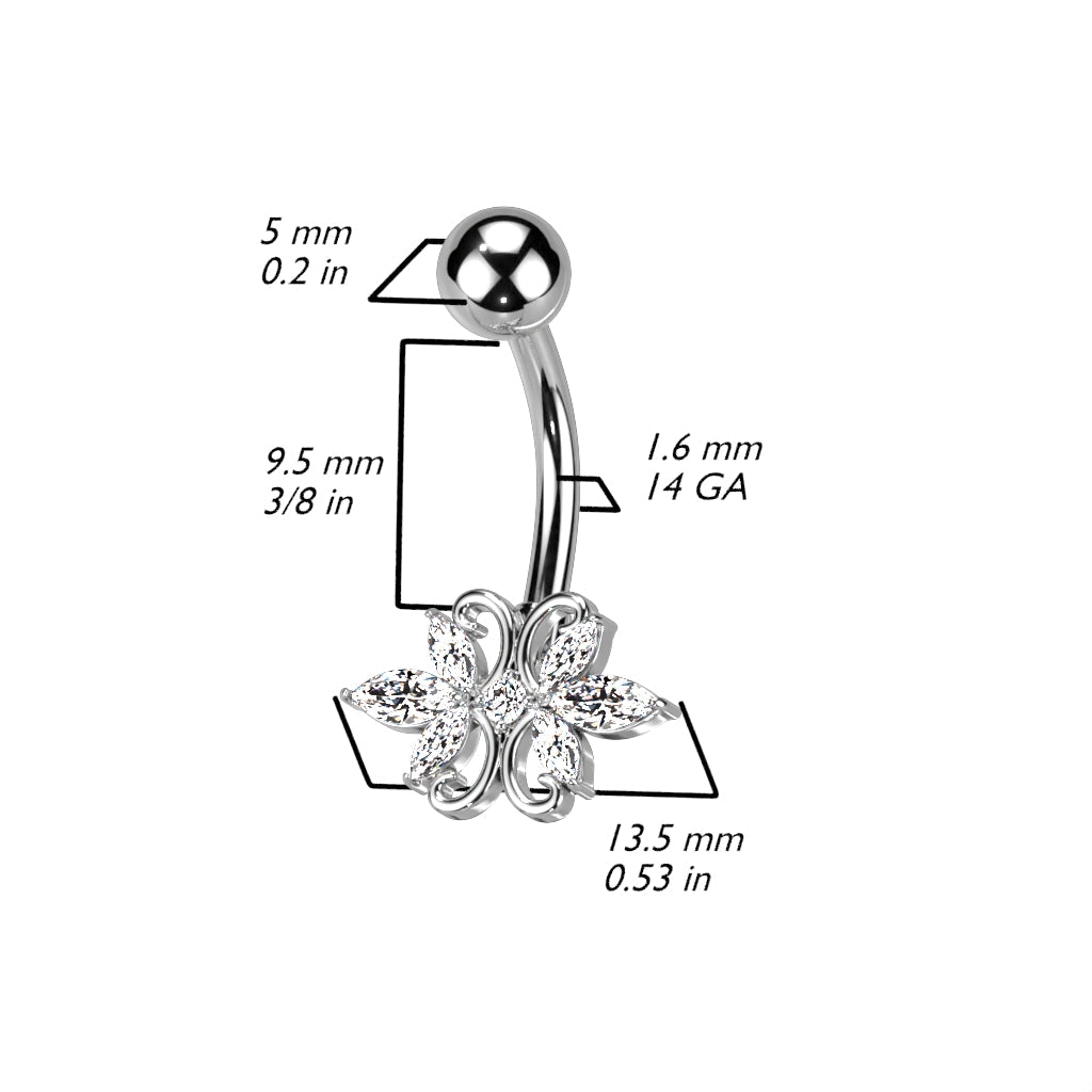 Cherry Diva belly bar 14 Gauge Silver Ornate Marquise Flower Crystal Belly Button Ring