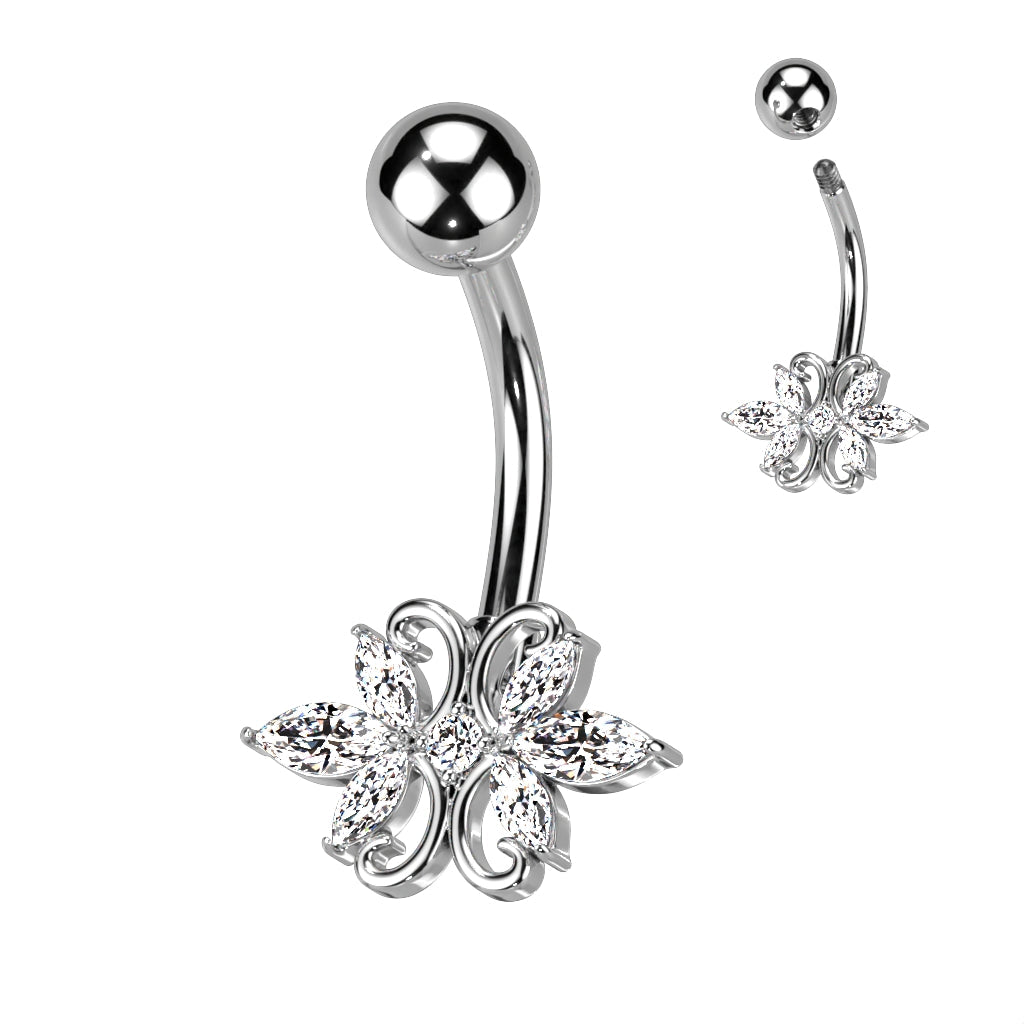 Silver Ornate Marquise Flower Crystal Belly Button Ring