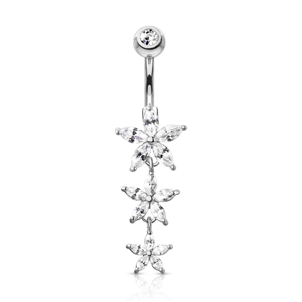 Cherry Diva belly bar Silver 14 Gauge Triple Dangling Flower Belly Button Ring