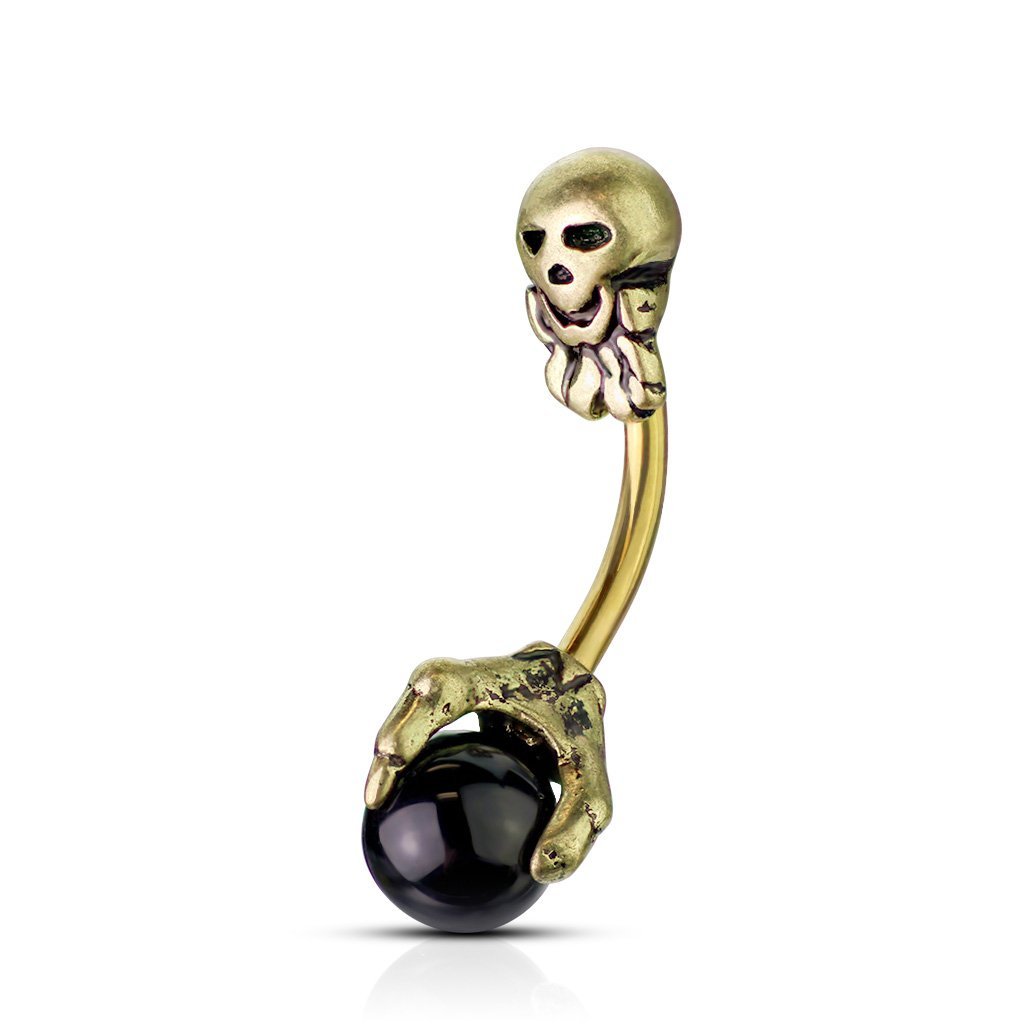 Spooky Skull Onyx Belly Button Ring - Gold