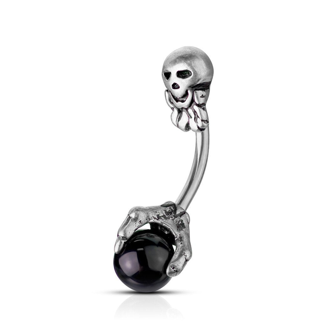 Spooky Skull Onyx Belly Button Ring - Silver