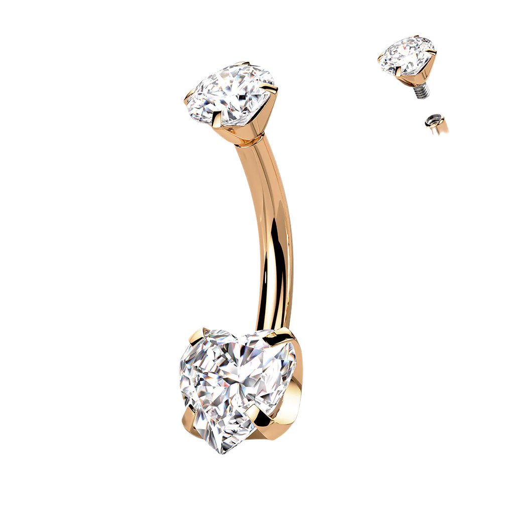 Cherry Diva belly bar Gold 14 Gauge Titanium Double Crystal Heart Belly Button Bar