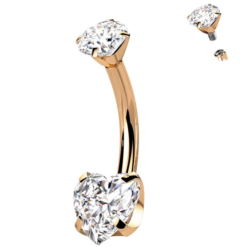 Cherry Diva belly bar Gold 14 Gauge Titanium Double Crystal Heart Belly Button Bar