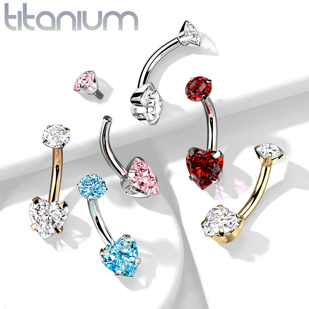 Titanium Double Crystal Heart Belly Button Ring