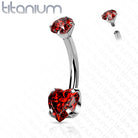 14 Gauge Titanium Double Crystal Heart Belly Button Bar red