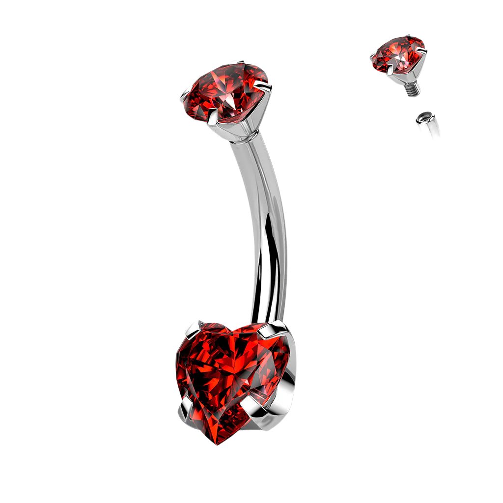 14 Gauge Titanium Double Crystal Heart Belly Button Bar red