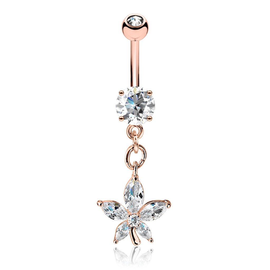 Cherry Diva belly bar Rose Gold 14 Gauge Dangling Five Petal Flower Belly Button Bar