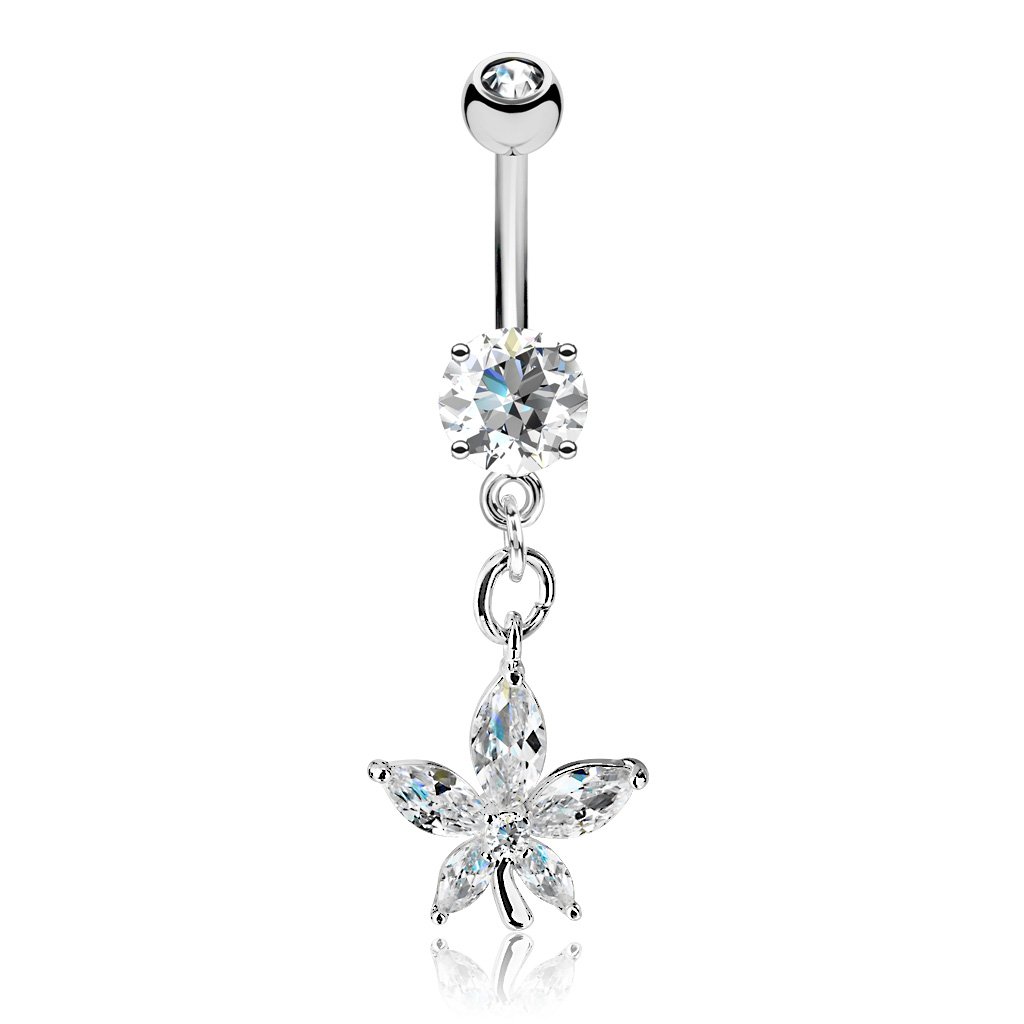Cherry Diva belly bar Silver 14 Gauge Dangling Five Petal Flower Belly Button Bar