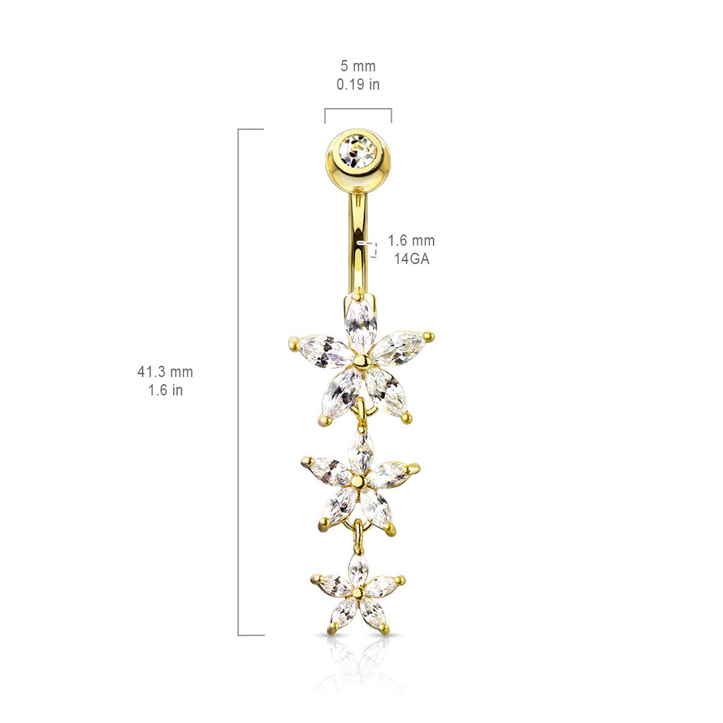 Cherry Diva belly bar 14 Gauge Triple Dangling Flower Belly Button Ring